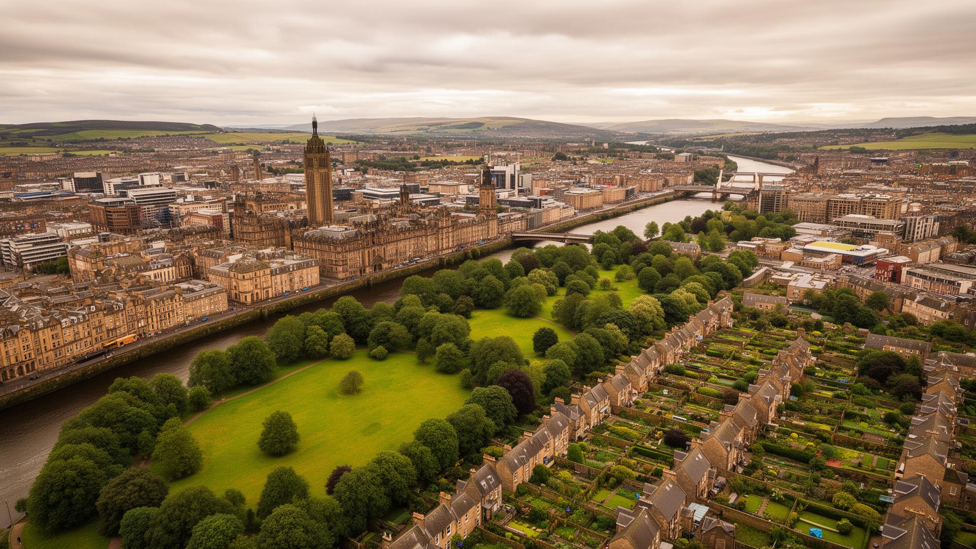 Renfrew residential area near Glasgow with gardens and the River Clyde