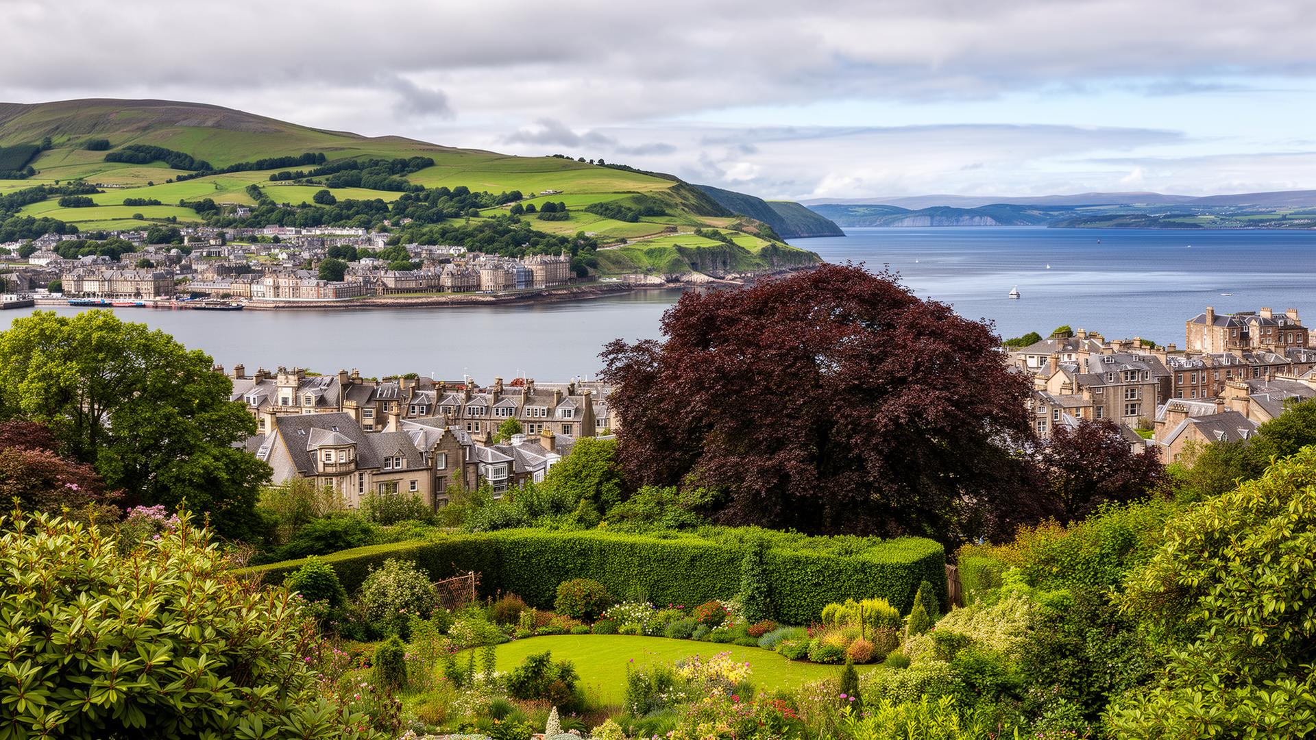 Coastal town of Helensburgh with gardens overlooking the Firth of Clyde