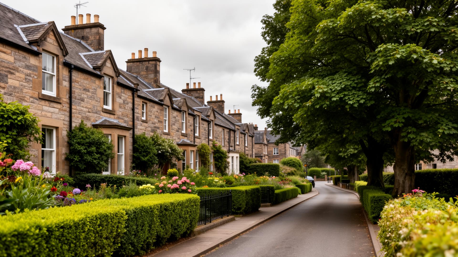 Residential street in Clydebank with well-maintained front gardens and mature trees